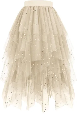Sequin Tulle Skirts for Women Irregular Layered Sparkly Tutu Skirt Elastic High Waist A-Line Skirt