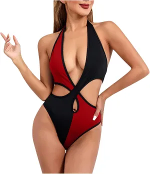 Sexy Color Block Swimsuits for Women One Piece Tummy Control Backless Bathing Suits Sleeveless Slimming Swimwear
