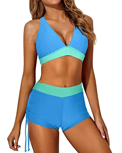 Sexy Criss Cross Straps Backless Tankini Set For Women-Blue Green