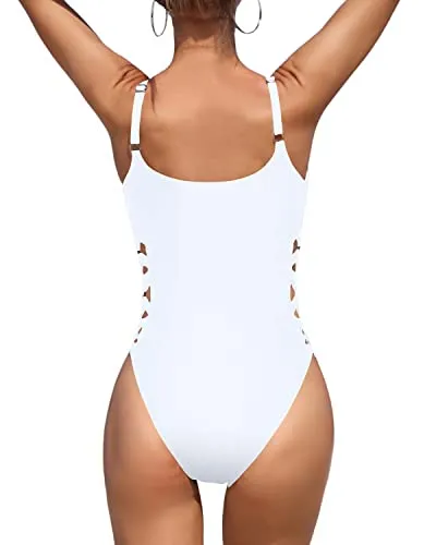 Sexy Crisscross Lace Up One Piece Slimming Swimsuits For Women-White