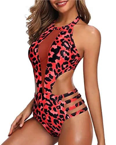 Sexy High Neck Halter Backless One Piece Monokini Swimwear-Red Leopard