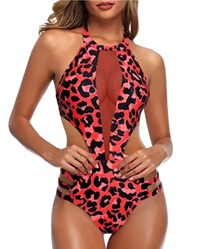 Sexy High Neck Halter Backless One Piece Monokini Swimwear-Red Leopard