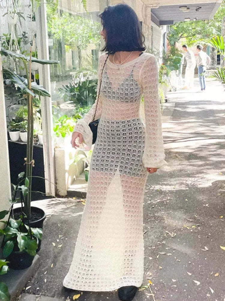 Sexy Knitted Beach Dress For Women Hollow Out O-neck Long Sleeve Female Dresses 2023 Summer