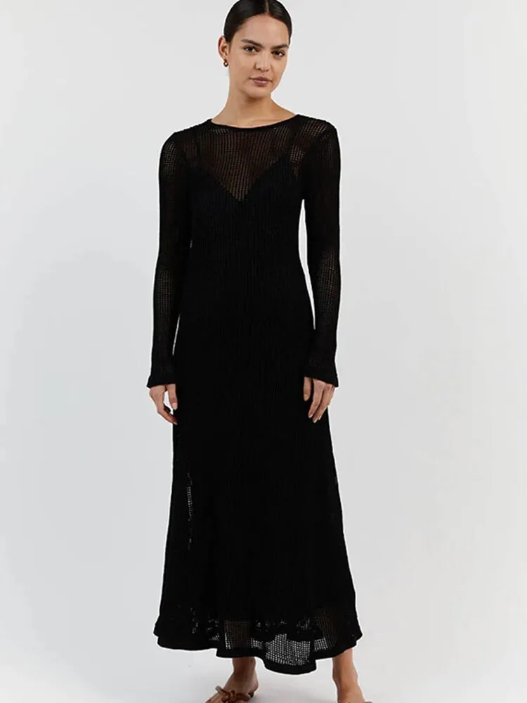 Sexy Knitted Beach Dress For Women Hollow Out O-neck Long Sleeve Female Dresses 2023 Summer