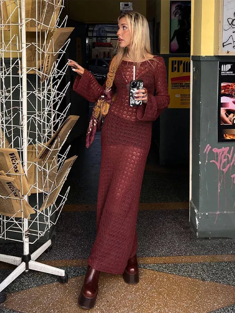 Sexy Knitted Beach Dress For Women Hollow Out O-neck Long Sleeve Female Dresses 2023 Summer