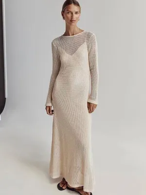 Sexy Knitted Beach Dress For Women Hollow Out O-neck Long Sleeve Female Dresses 2023 Summer