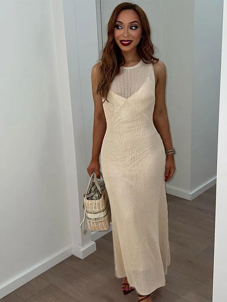 Sexy Knitted Beach Dress For Women Hollow Out O-neck Long Sleeve Female Dresses 2023 Summer