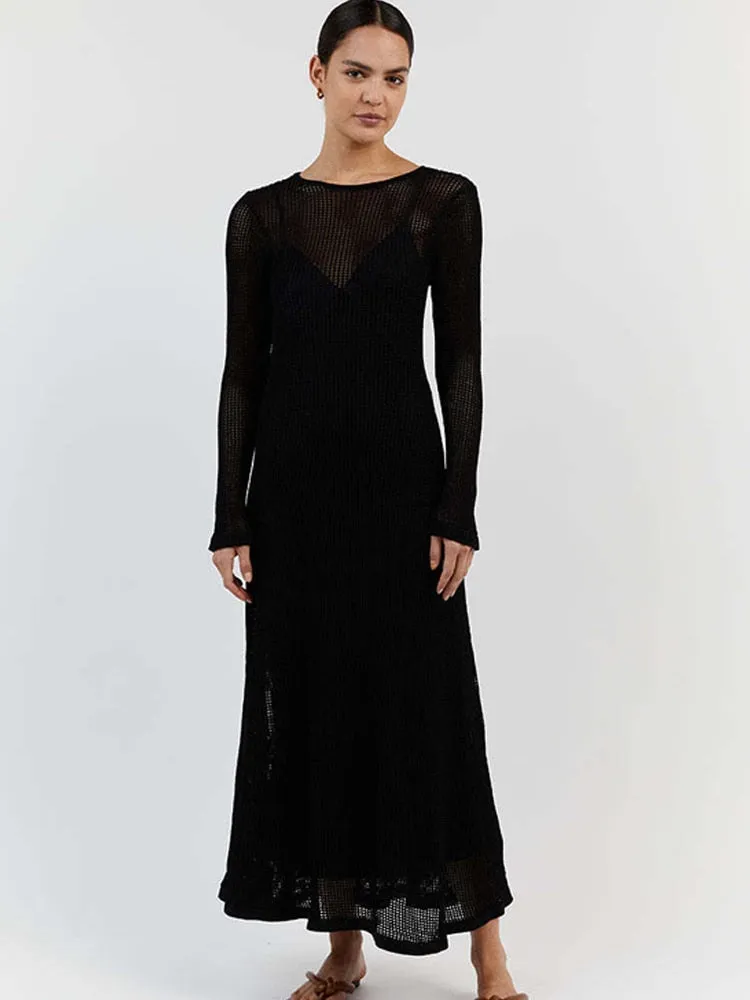 Sexy Knitted Beach Dress For Women Hollow Out O-neck Long Sleeve Female Dresses 2023 Summer
