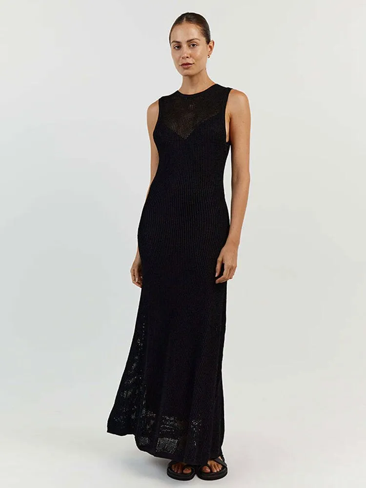 Sexy Knitted Beach Dress For Women Hollow Out O-neck Long Sleeve Female Dresses 2023 Summer