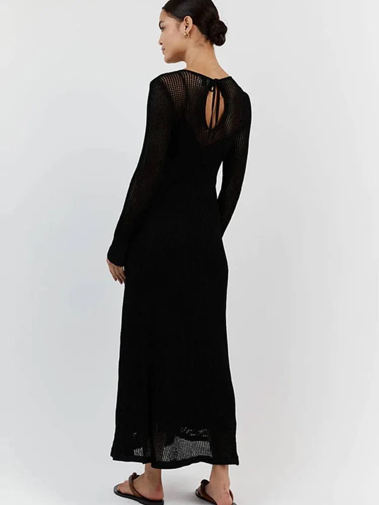 Sexy Knitted Beach Dress For Women Hollow Out O-neck Long Sleeve Female Dresses 2023 Summer