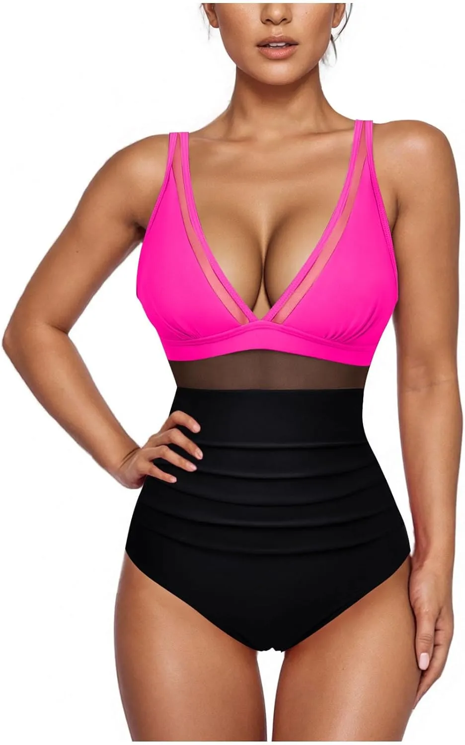 Sexy Mesh Swimwear for Women Trendy One Piece V Neck Tummy Control Swim Suit Summer 2025 High Waisted Bathing Suits