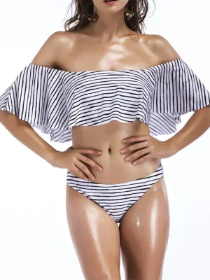 Sexy Off Shoulder Striped Ruffle Tankinis