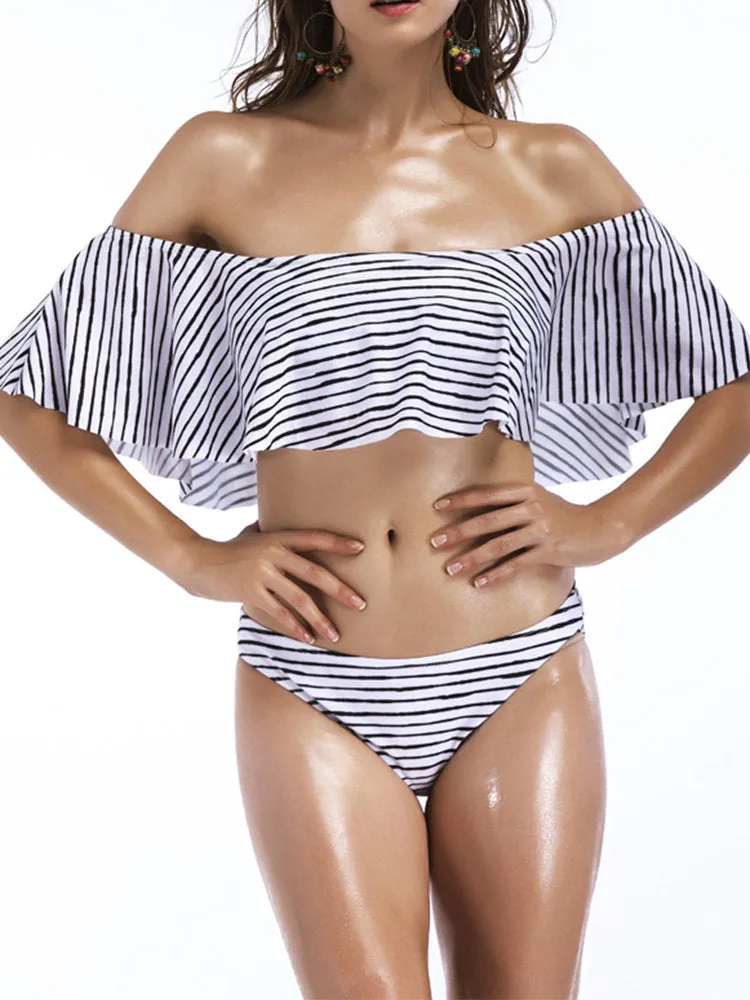 Sexy Off Shoulder Striped Ruffle Tankinis