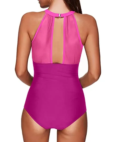 Sexy One Piece High Neck Ruched Monokini Swimwear For Women-Phosphor And Dark Pink