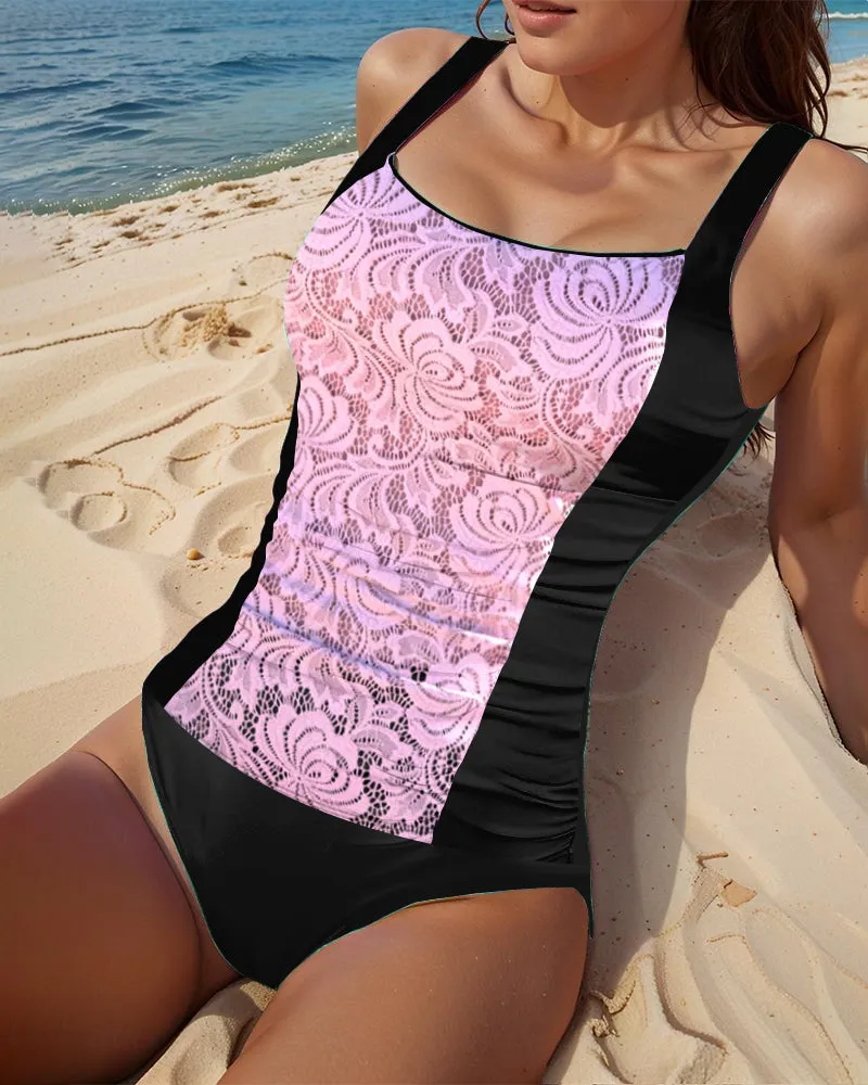 Sexy One-Piece Lace Panel Swimsuit