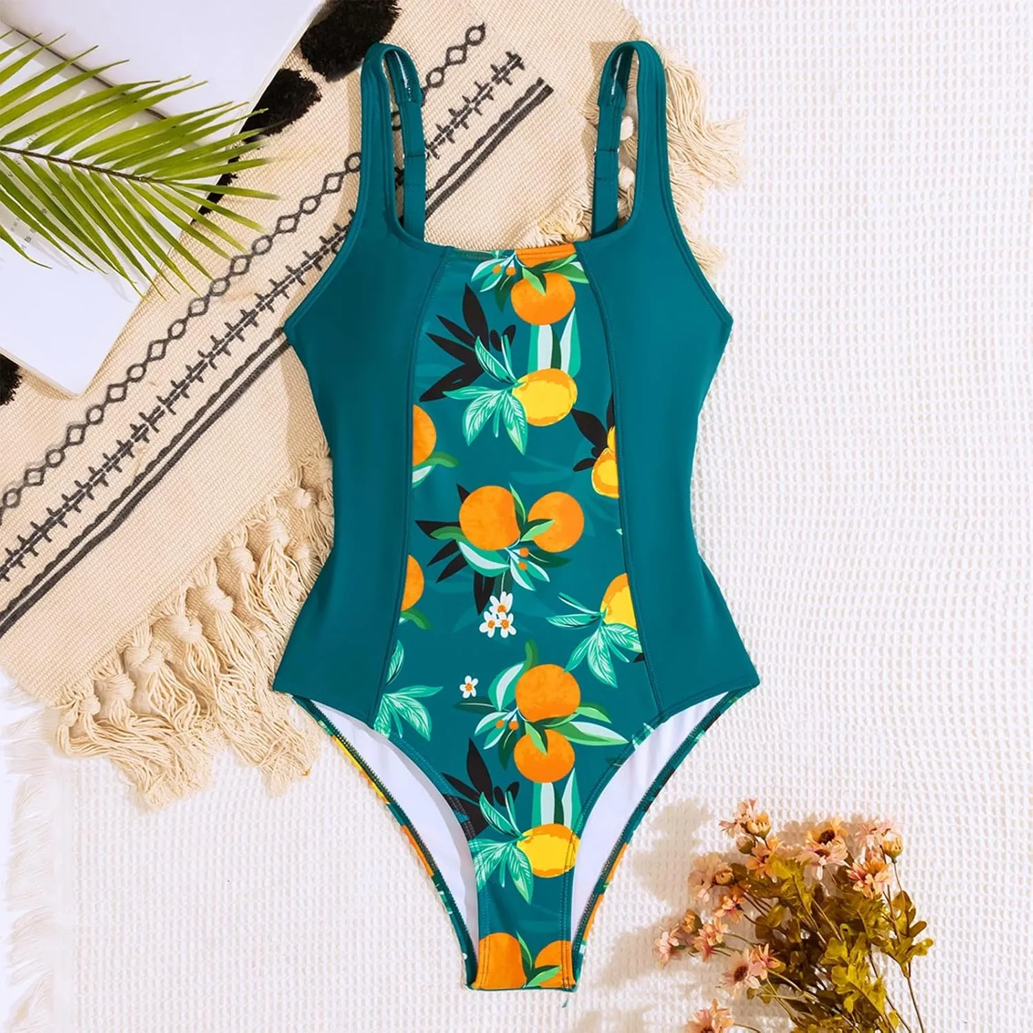 Sexy One Piece Swimsuit for Women Laceup Backless Tummy Control Bathing Suit Patchwork Floral Printed Slimming Swimwear