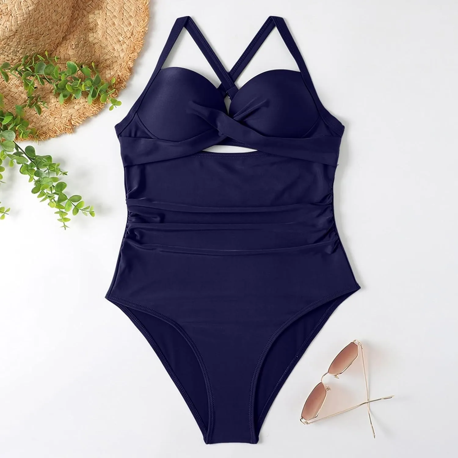 Sexy One Piece Swimsuit for Women Tummy Control Swimwear Twist Front Cutout High Waisted Tie Backless Bathing Suit