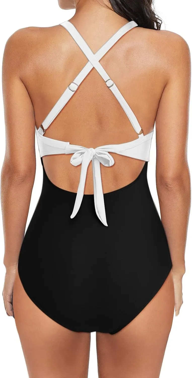 Sexy One Piece Swimsuit for Women Tummy Control Swimwear Twist Front Cutout High Waisted Tie Backless Bathing Suit