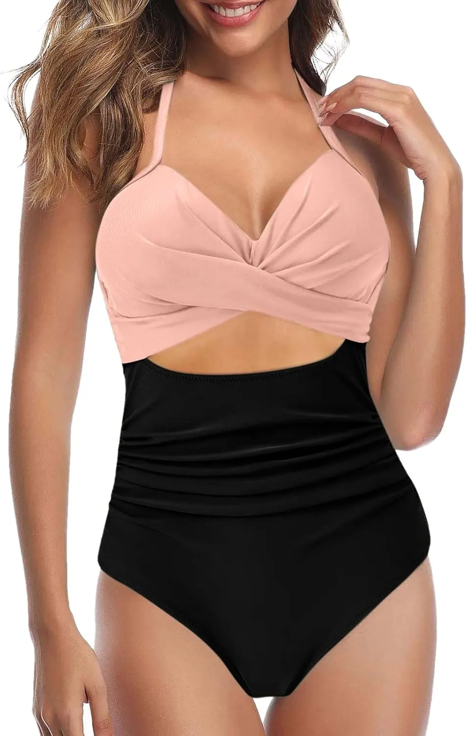 Sexy One Piece Swimsuit for Women Tummy Control Swimwear Twist Front Cutout High Waisted Tie Backless Bathing Suit
