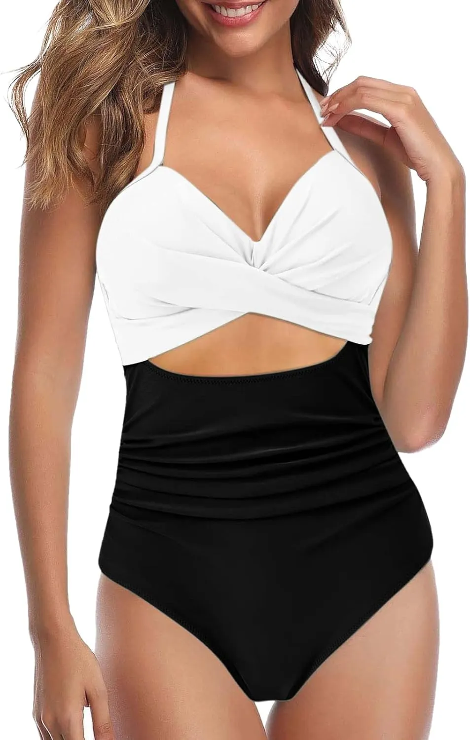 Sexy One Piece Swimsuit for Women Tummy Control Swimwear Twist Front Cutout High Waisted Tie Backless Bathing Suit
