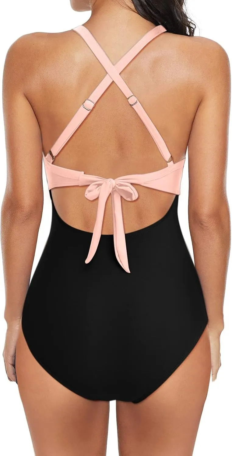 Sexy One Piece Swimsuit for Women Tummy Control Swimwear Twist Front Cutout High Waisted Tie Backless Bathing Suit