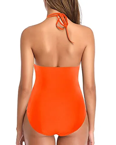 Sexy Plunge V Neck One Piece Halter Swimsuit Women-Neon Orange