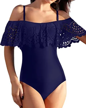 Sexy Ruffle Swimwear For Teen Girls Flounce 1 Piece Bathing Suits-Navy Blue
