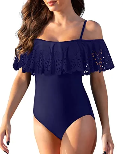 Sexy Ruffle Swimwear For Teen Girls Flounce 1 Piece Bathing Suits-Navy Blue
