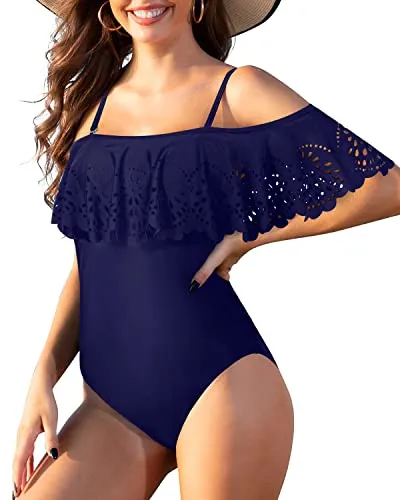 Sexy Ruffle Swimwear For Teen Girls Flounce 1 Piece Bathing Suits-Navy Blue