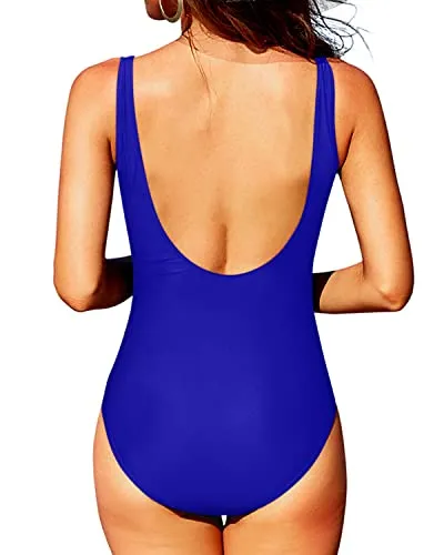 Sexy See Through Mesh Round Neck One Piece Swimsuits-Royal Blue