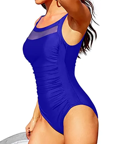 Sexy See Through Mesh Round Neck One Piece Swimsuits-Royal Blue