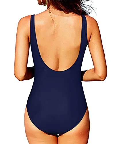 Sexy See Through Mesh U Back Design Mesh One Piece Swimsuits-Navy Blue