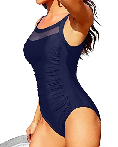 Sexy See Through Mesh U Back Design Mesh One Piece Swimsuits-Navy Blue
