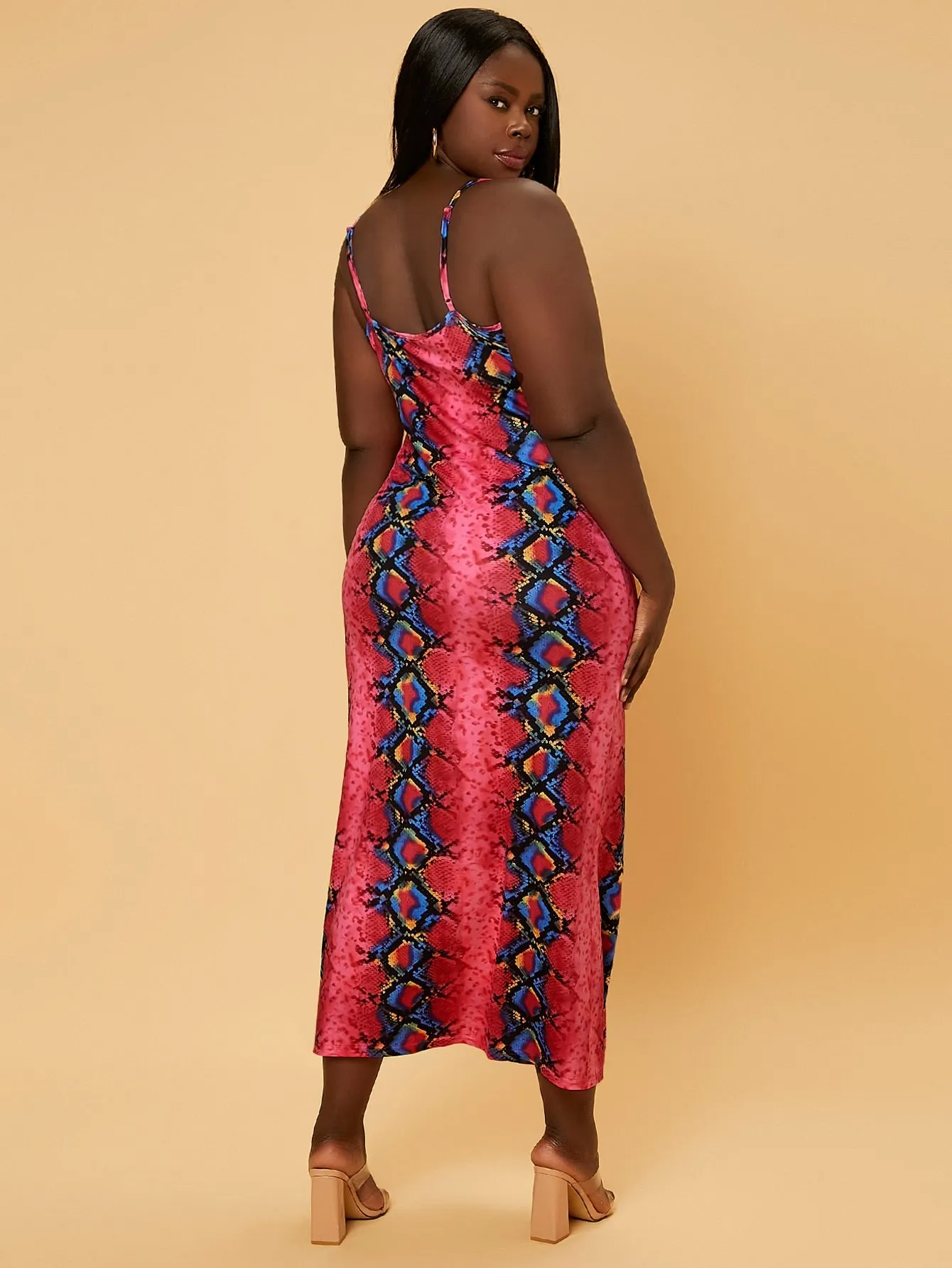 Sexy Snakeskin Print Split Thigh Sleeveless Spaghetti Strap Slit Natural Long Plus Size Dress