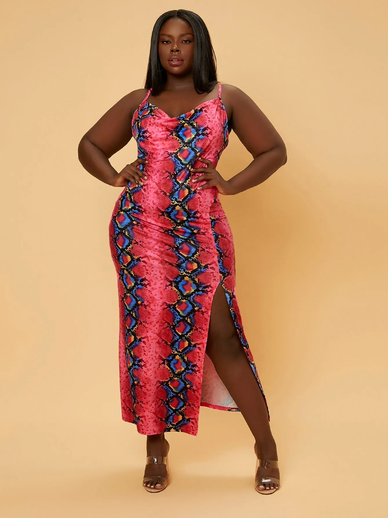 Sexy Snakeskin Print Split Thigh Sleeveless Spaghetti Strap Slit Natural Long Plus Size Dress