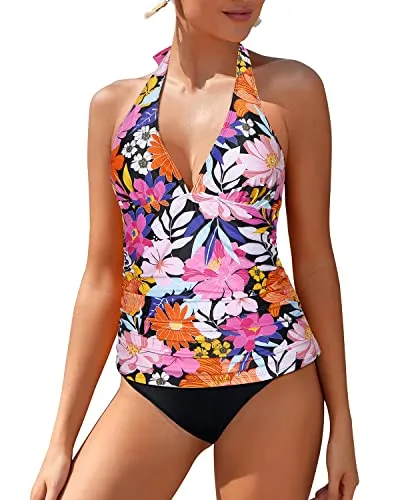 Sexy Tummy Control Two Piece Tankini Swimsuit For Women-Colorful Flowers