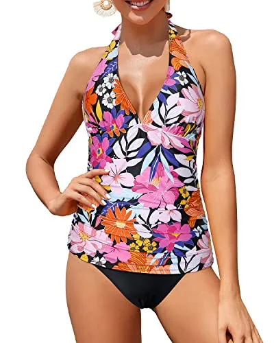 Sexy Tummy Control Two Piece Tankini Swimsuit For Women-Colorful Flowers