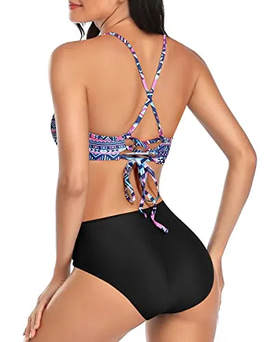 Sexy Two Piece Bikini Set With Removable Padding High Cut Bikini-Blue Tribal