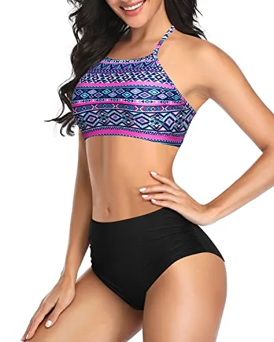 Sexy Two Piece Bikini Set With Removable Padding High Cut Bikini-Blue Tribal