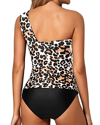 Sexy Two Piece One Shoulder Swim Top Shorts-Black And Leopard