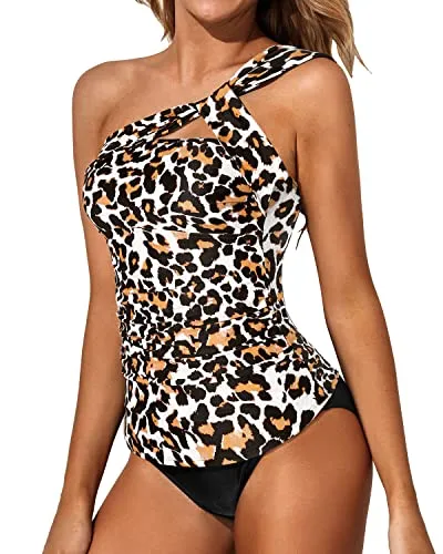 Sexy Two Piece One Shoulder Swim Top Shorts-Black And Leopard