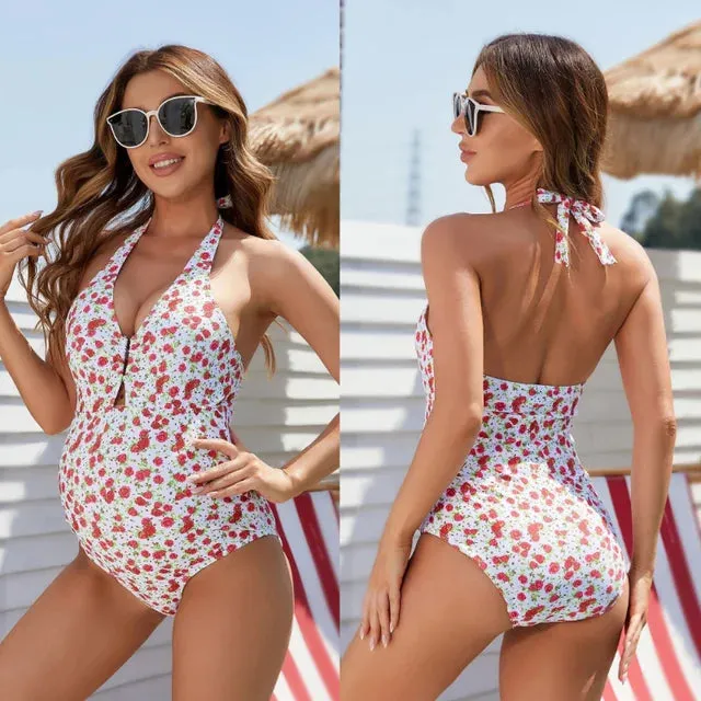 Sexy Women Maternity Suspender Floral Print Swimsuit One Piece Bikinis