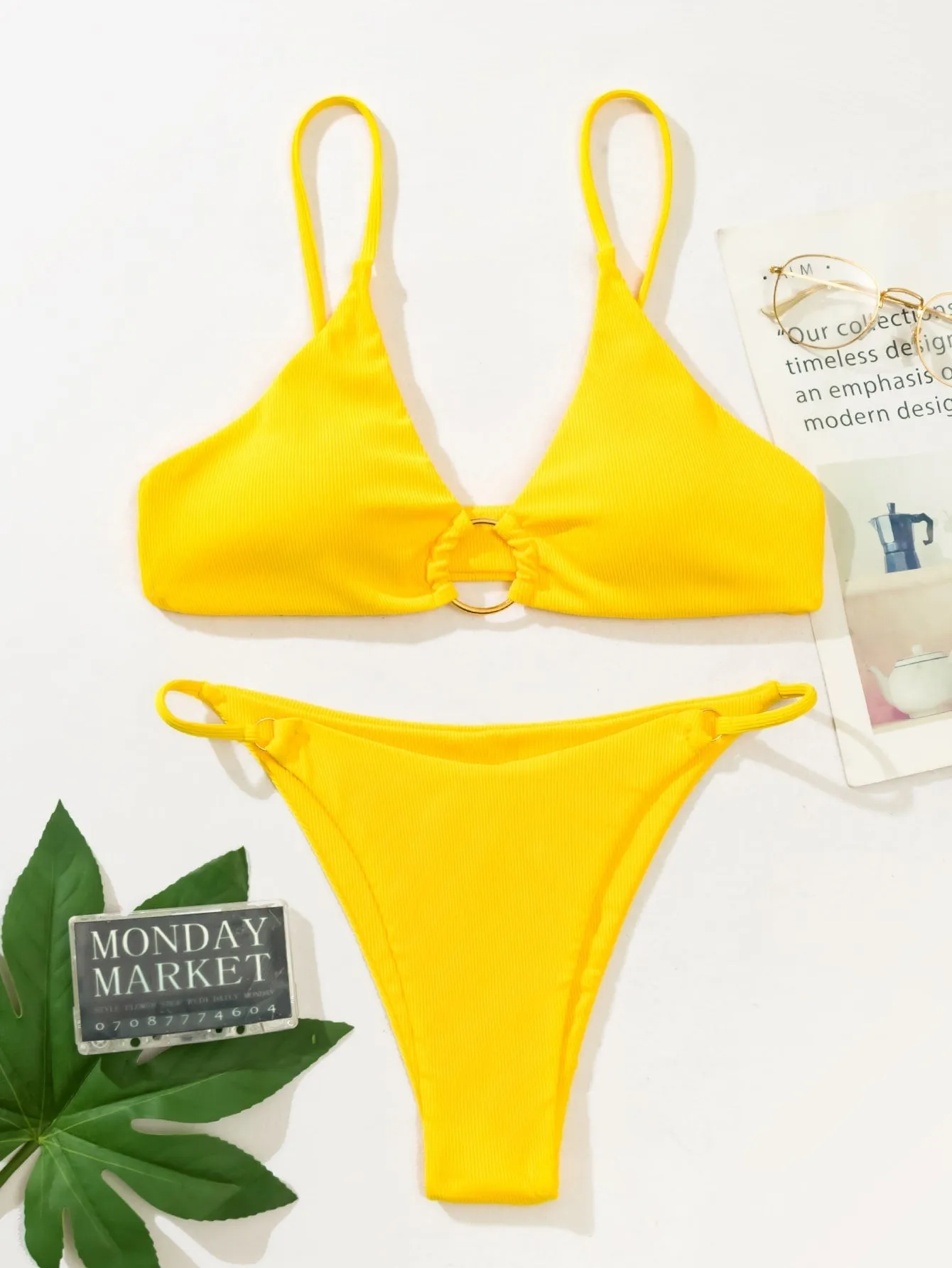 SHEIN Swim Summer Beach Textured Bikini Set Ring Linked Bra & Thong Bottom 2 Piece Bathing Suit