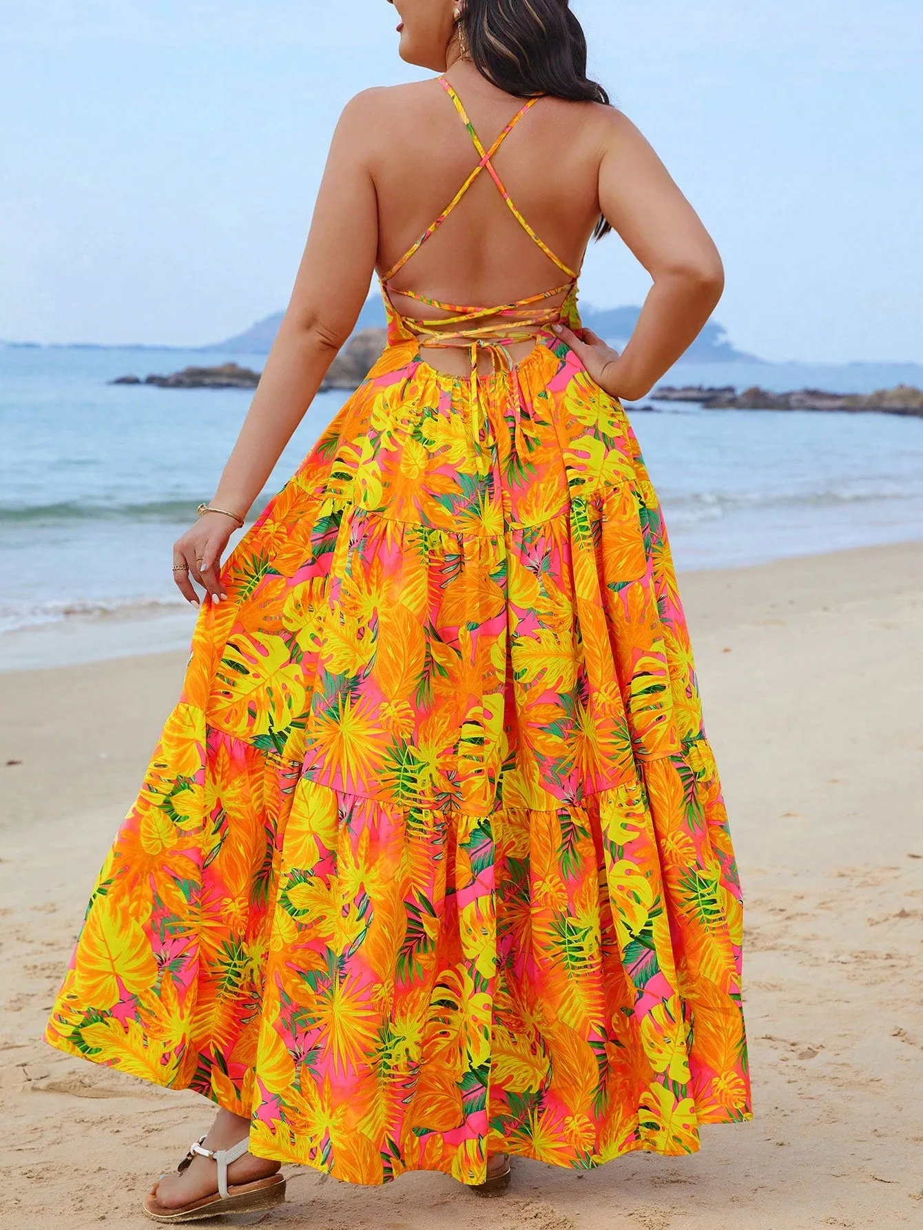 SHEIN VCAY Plus Size Women's Tropical Plant Printed Long Tank Dress For Summer Beach Vacation