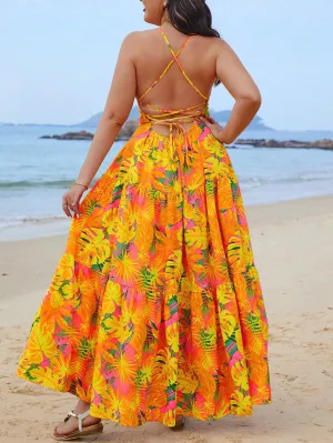SHEIN VCAY Plus Size Women's Tropical Plant Printed Long Tank Dress For Summer Beach Vacation