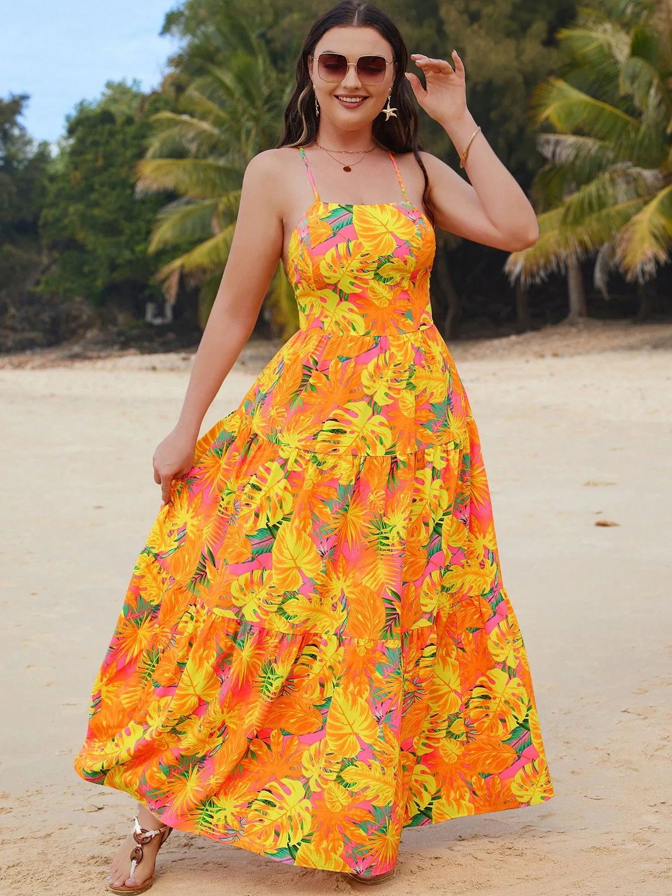SHEIN VCAY Plus Size Women's Tropical Plant Printed Long Tank Dress For Summer Beach Vacation
