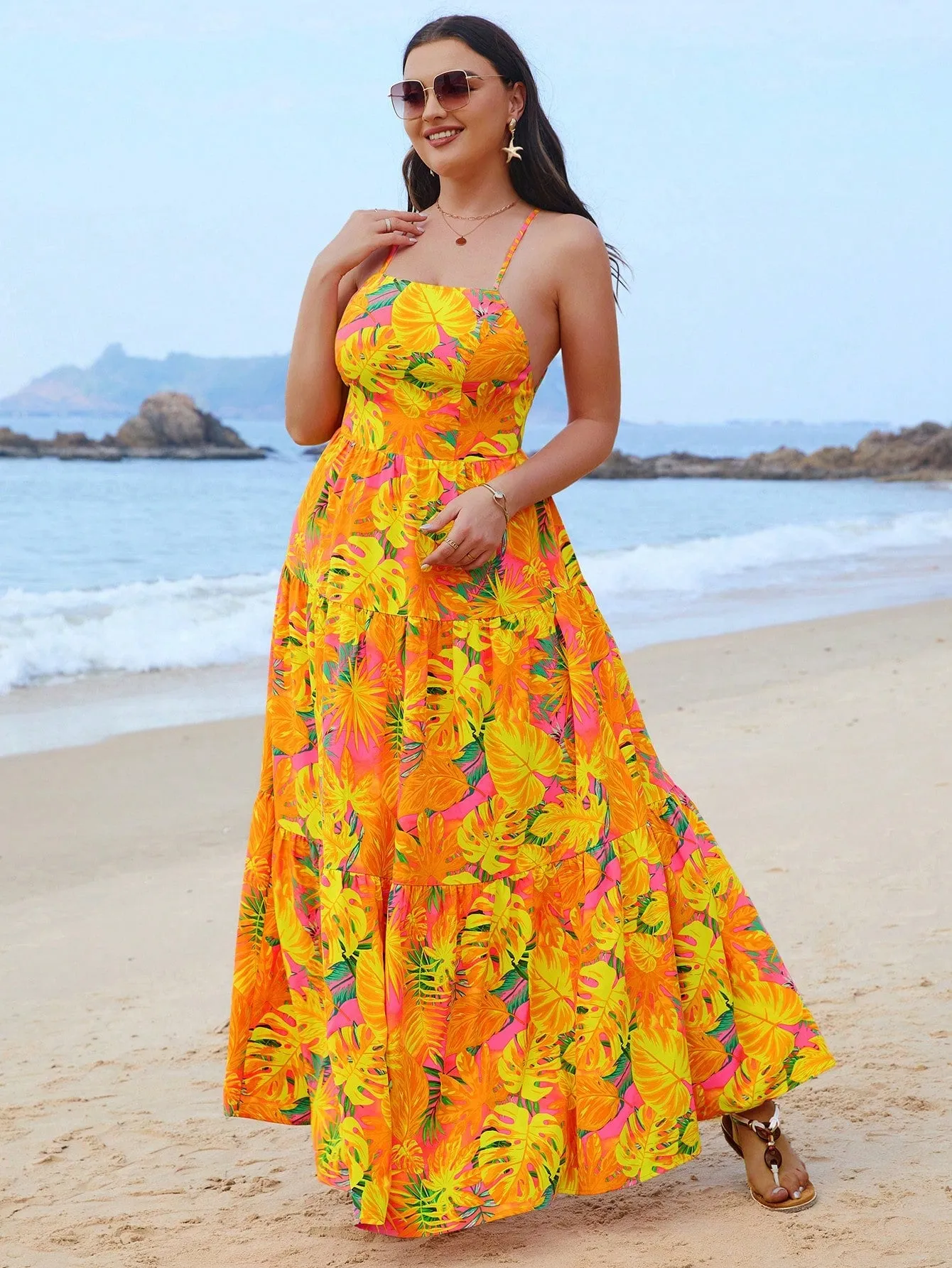 SHEIN VCAY Plus Size Women's Tropical Plant Printed Long Tank Dress For Summer Beach Vacation