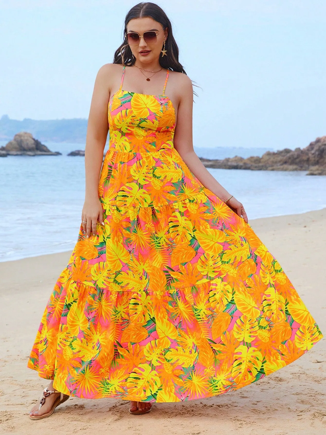 SHEIN VCAY Plus Size Women's Tropical Plant Printed Long Tank Dress For Summer Beach Vacation