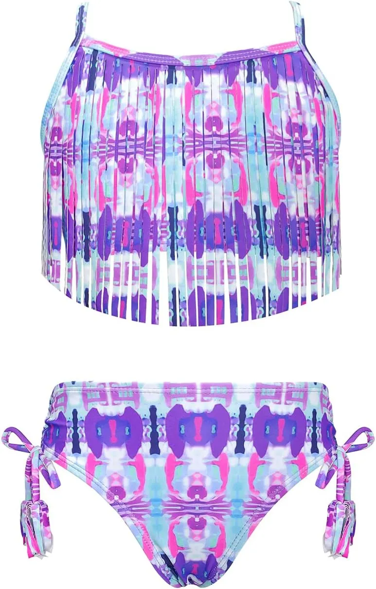 SHEKINI Girls Tie Side Sports Tassel Bikini Set Printing Two-Piece Swimsuit