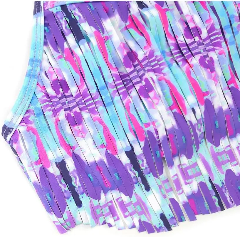 SHEKINI Girls Tie Side Sports Tassel Bikini Set Printing Two-Piece Swimsuit